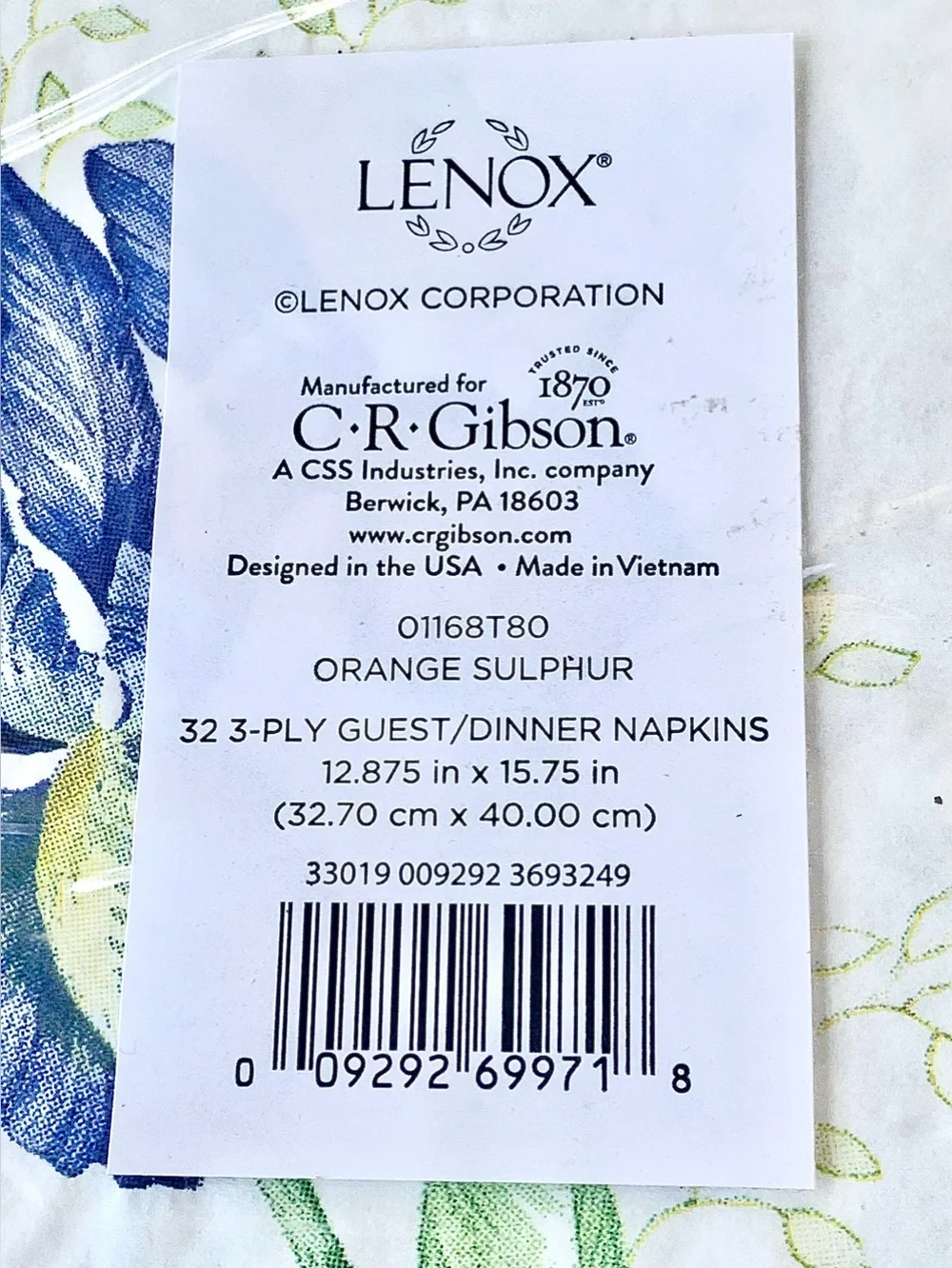 LENOX Floral Iris & Butterfly Paper Napkins 3 PLY NEW 32